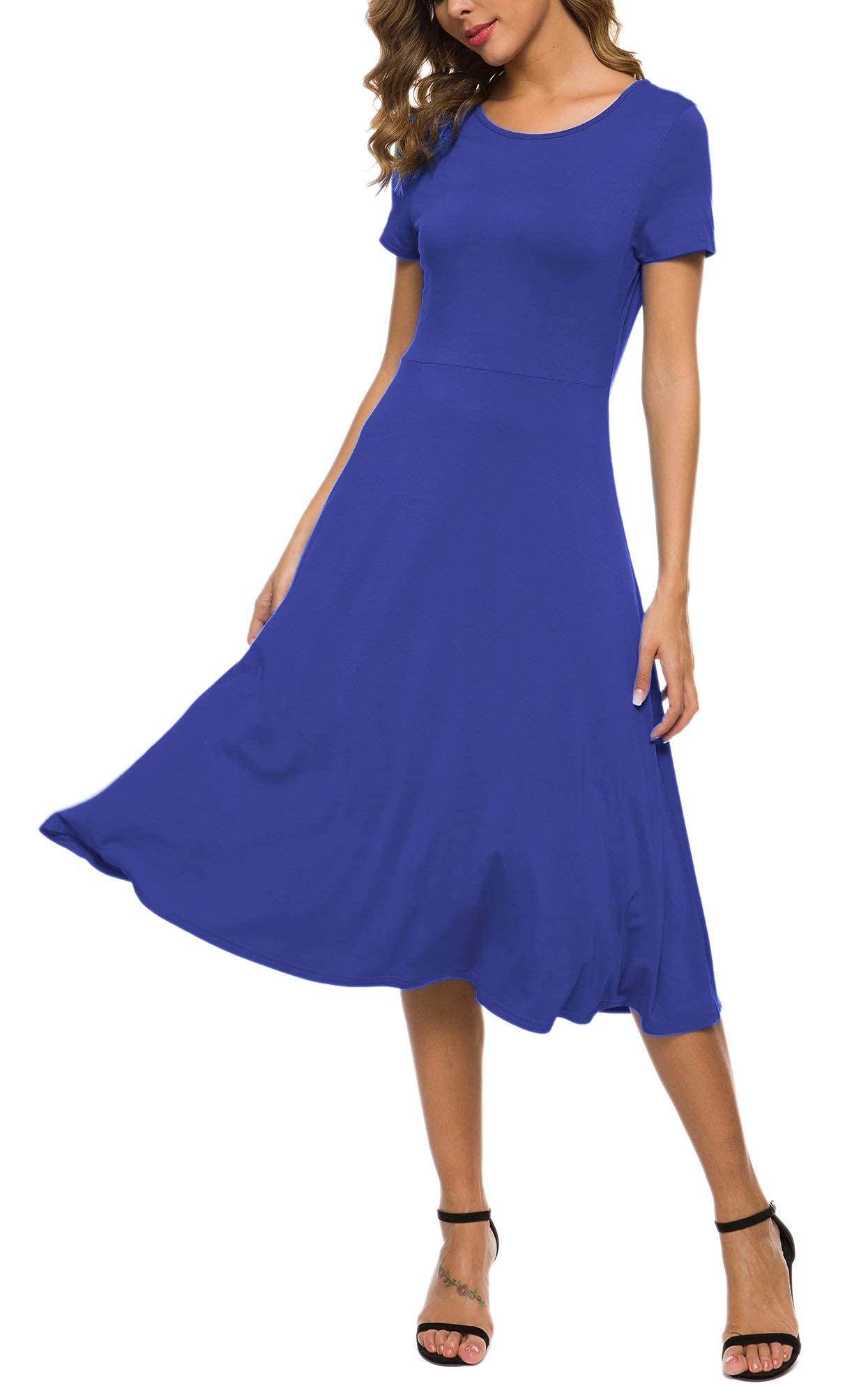 EXCHIC Women's Short Sleeve Solid Color Round Neck Elastic A-Line Dress Casual E
