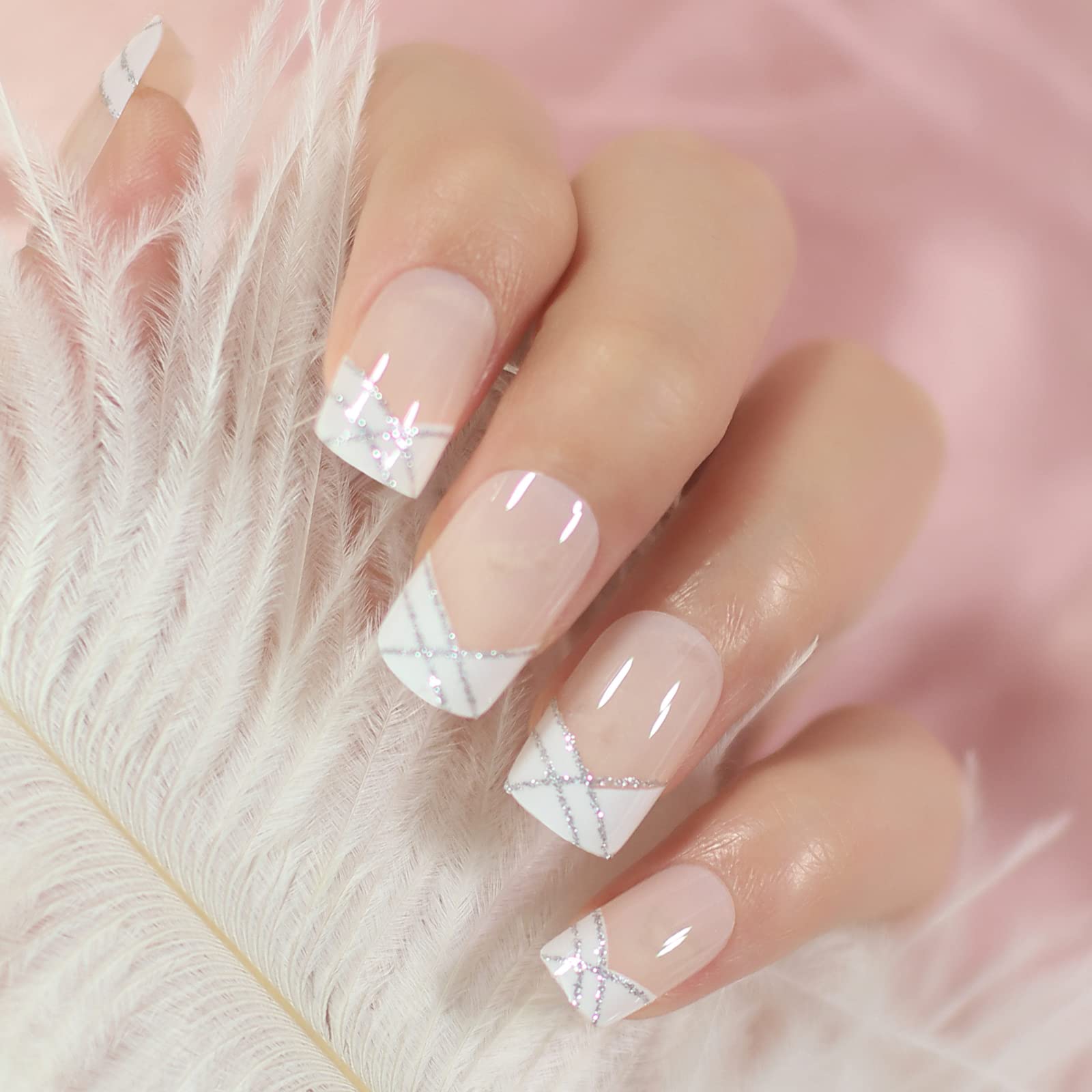 Glossy Nude White French Press On Nail Short Scobal Fake Nail Acrylic Fake Nail 