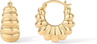 PAVOI 14K Gold Plated Ribbed Hoop Earrings for Women, Chunky Ridged Earring