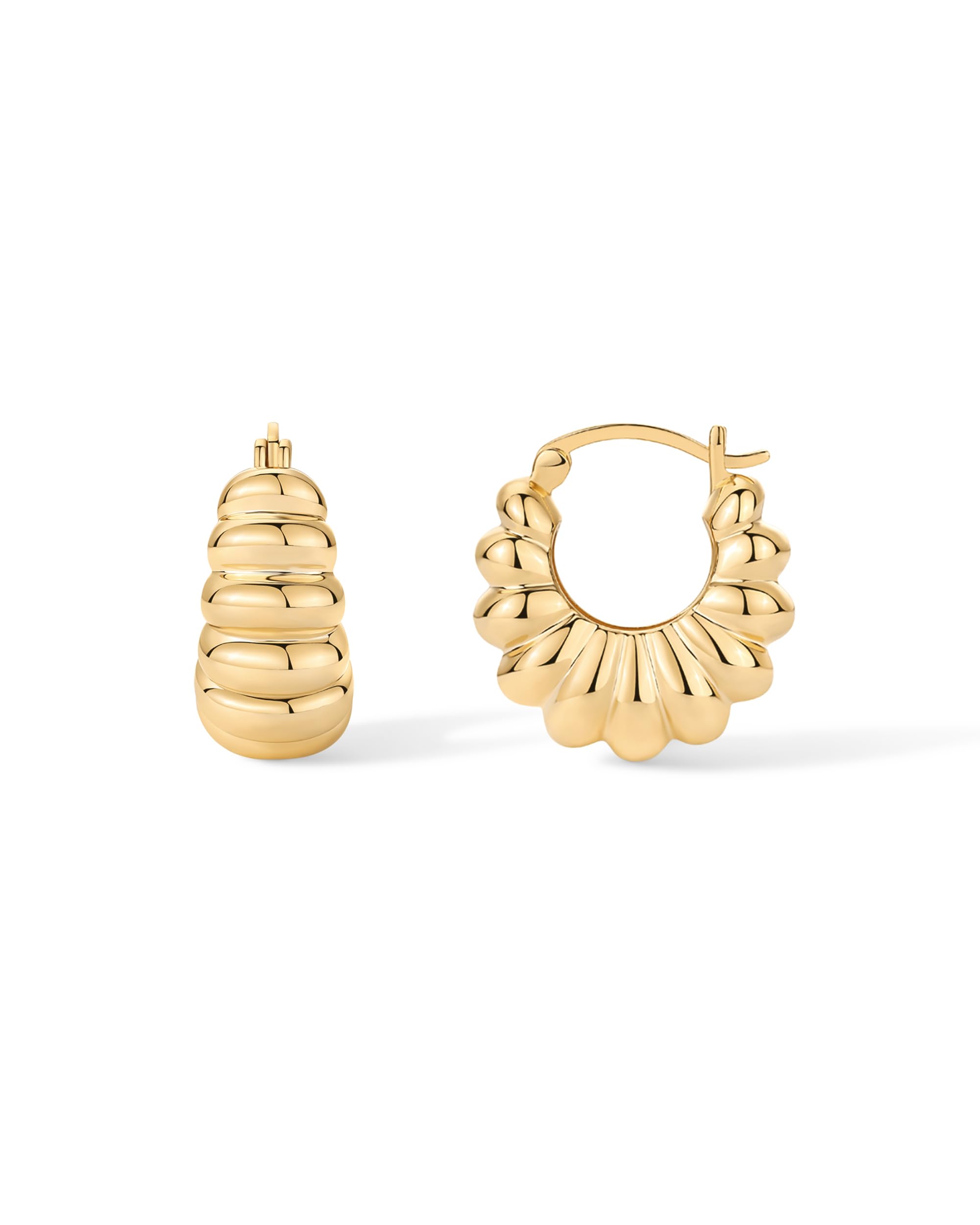 PAVOI 14K Gold Plated Ribbed Hoop Earrings for Women, Chunky Ridged Earring
