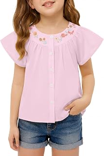 Haloumoning Toddler Baby Girl Flutter Short Sleeve Blouse Kids Flowy Button Down Shirts Cute Tops tee 9M-8Y