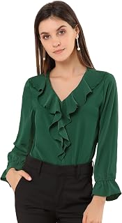 Allegra K Women Elegant Ruffle V Neck Sleeve Blouse for Business Work