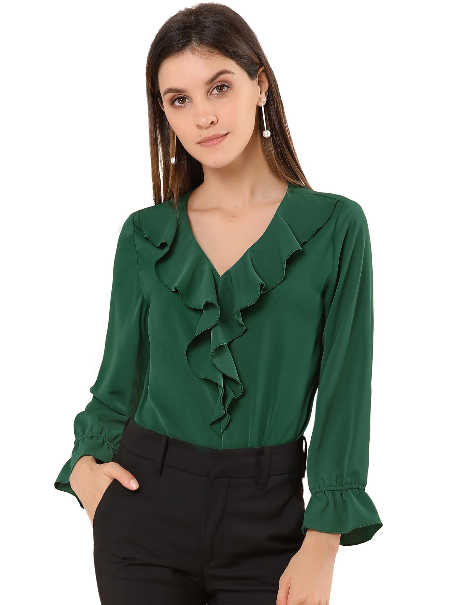 Allegra K Women Elegant Ruffle V Neck Sleeve Blouse for Business Work