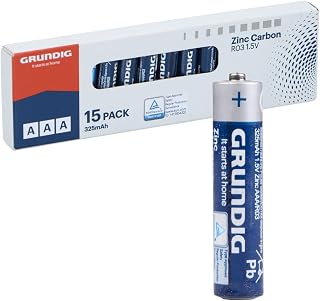Grundig AAA Batteries R03 Pack of 15 - AAA Zinc Carbon Batteries 1.5V 325mAh - Battery for Low Power Devices