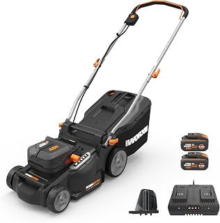 WORX WG737E 40V PowerShare Brushless Cordless Lawnmower 37cm | Brushless IntelliCut motor adjusts to grass; 2-in-1 mulch & bag; 6-height adjust; up to 550㎡; 2x4.0Ah batteries & charger