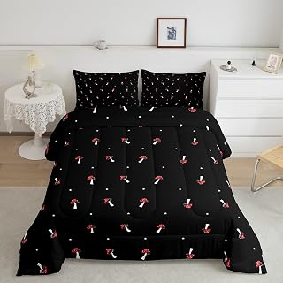 Cute Twin Mushroom Comforter Set - Reversible Bedding Set with Red Mushroom Duvet Set & Shaped Comforter - Lovely Natural Wild Plants Fungus Theme for Room Decor, Black