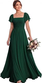 MisShow Women's Flutter Sleeves Bridesmaid Dresses Square Neck Chiffon Maxi Dress A Line Formal Evening Gown