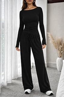 Women's Lounge 2 Piece Set Autumn Winter Room Wear Relaxed Fit Tracksuit Soft Stretch Long Sleeve Tops Wide Leg Pants