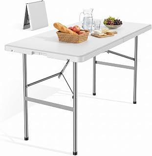 NEWBULIG 4 FT Foldable Table, Heavy Duty Folding Table Easy to Fold Store | Folding Picnic Table for Picnic Camping Kitchen Dining Party Outdoor Indoor with Carrying Handle, White