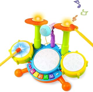 Kids Drum Kit, Baby Toys for 1 Year Old Boys, 1st Birthday Gift | 3 drum pads, 2 cymbals, 2 sticks and microphone; 4 modes plus freestyle; adjustable volume; for ages 12 months+