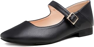 Feversole Women's Square Toe Mary Jane Fashion, Square Toe Easy Buckle Low Heel Slip On Flats in Vegan Leather
