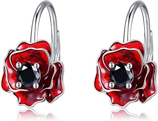 ONEFINITY 925 Sterling Silver Red Poppy Flower Earrings Gift for Women One Size Sterling Silver Cubic Zirconia