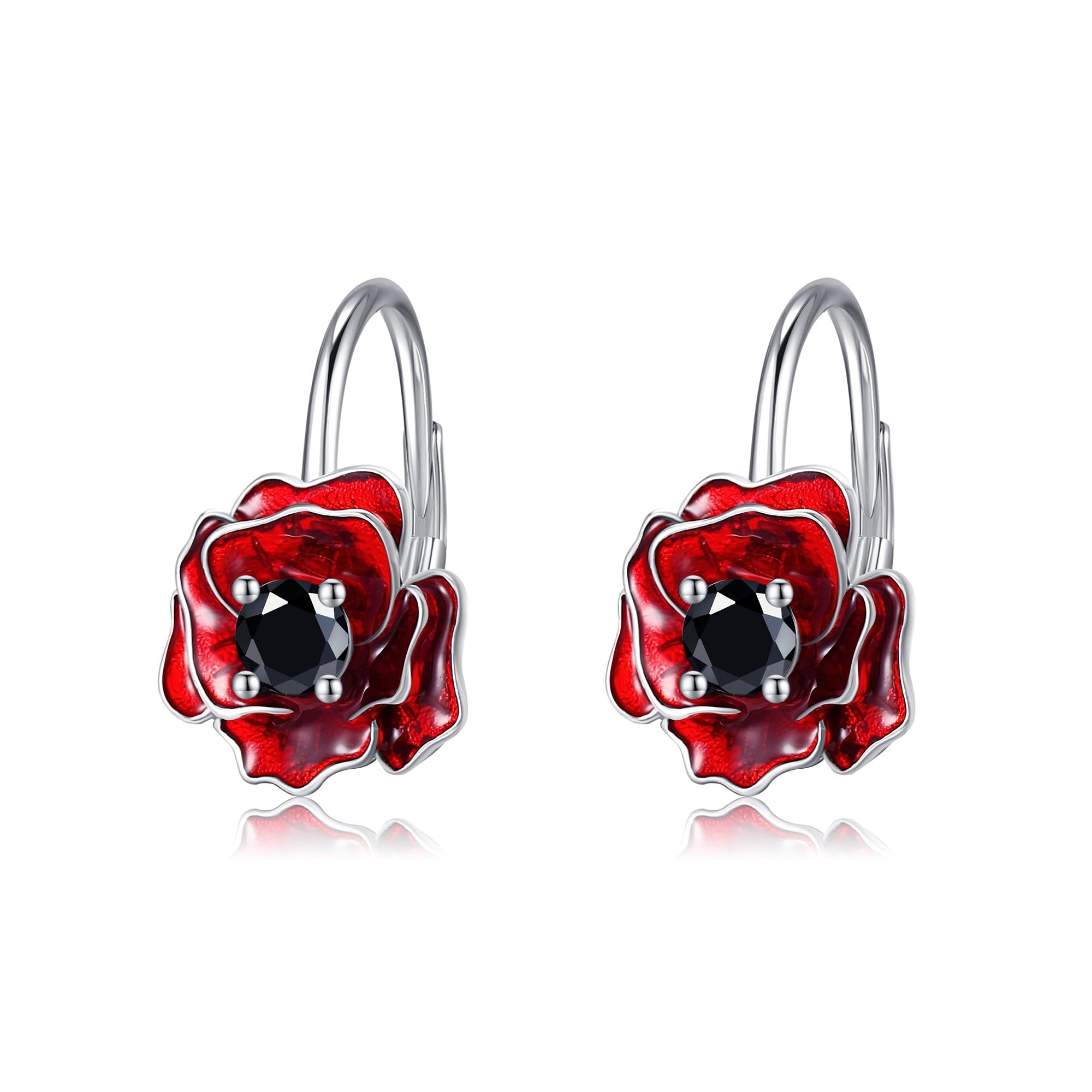 ONEFINITY 925 Sterling Silver Red Poppy Flower Earrings Gift for Women One Size 