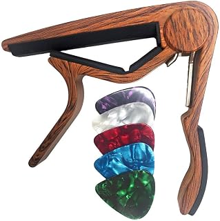 WINGO Capo for Classical Spanish Guitar with 5 Picks Wood Colour | Aluminum Alloy Guitar Capo, Longer Rubber, Perfect Fit, No Buzzing