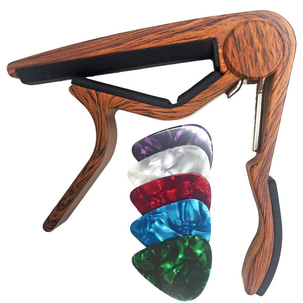 WINGO Capo for Classical Spanish Guitar with 5 Picks Wood Colour | Aluminum Allo