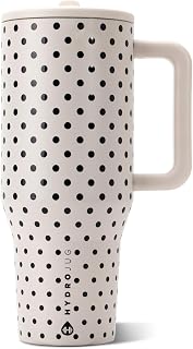 HydroJug Polka Dot Traveler 32oz, Insulated Tumbler, French Vanilla | Triple wall insulated, flip straw lid, leak-resistant, stainless steel, cup holder friendly, BPA-free, Polka Dot
