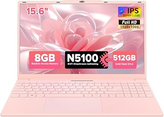 Auusda Lightweight Portable Pink Laptop, W11 Pro, 4-Core Processor | Fingerprint Login, Backlit Keyboard, Full HD IPS Display, 6000mAh, USB 3.0, Ideal for Students & Business, 8GB RAM 512GB SSD