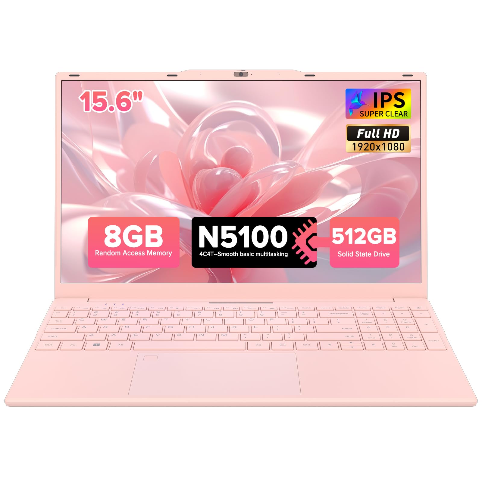 Auusda Lightweight Portable Pink Laptop, W11 Pro, 4-Core Processor | Fingerprint