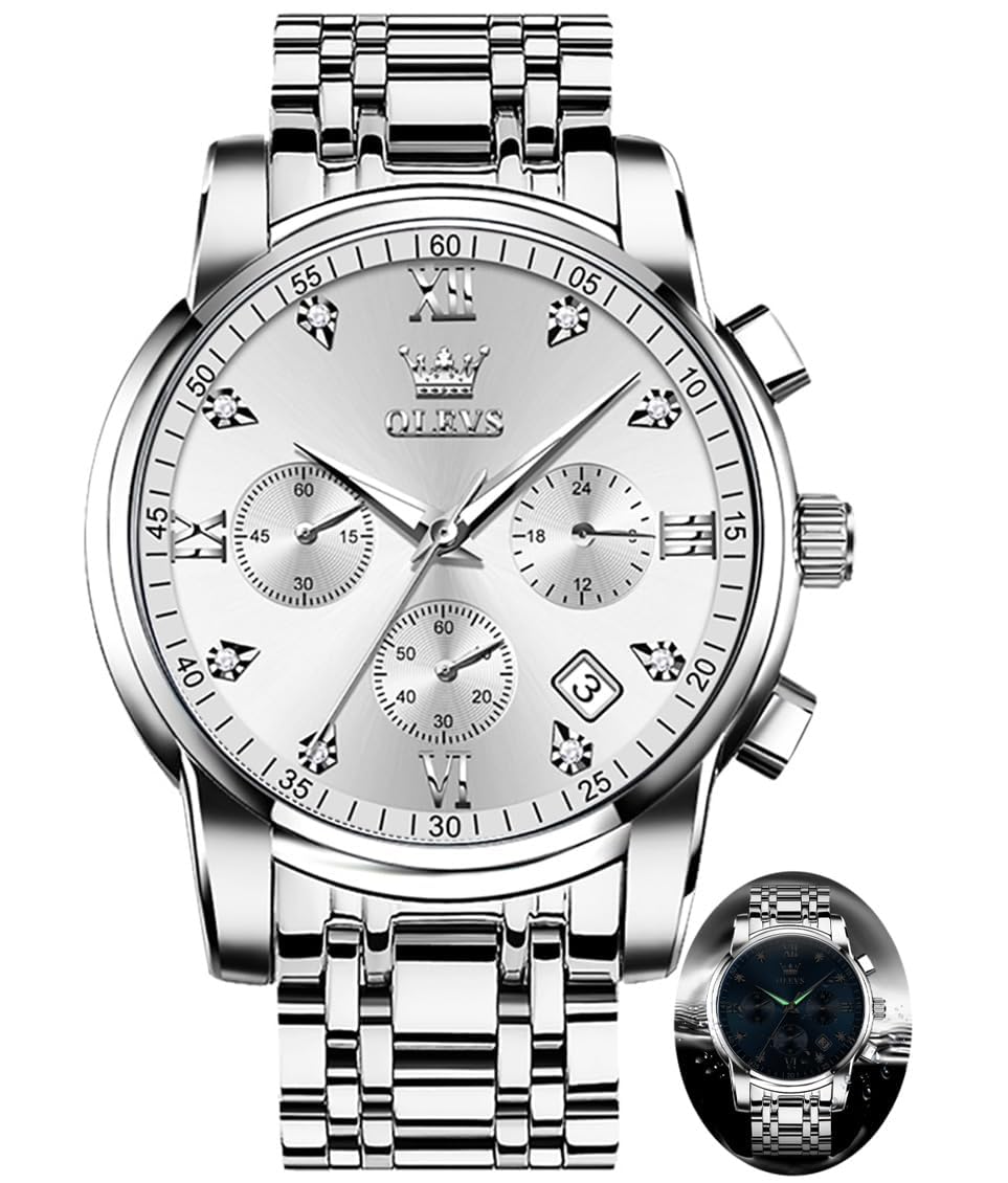 OLEVS Men's Stainless Steel Chronograph Watch, Big Face Multi Dial Waterproof Lu