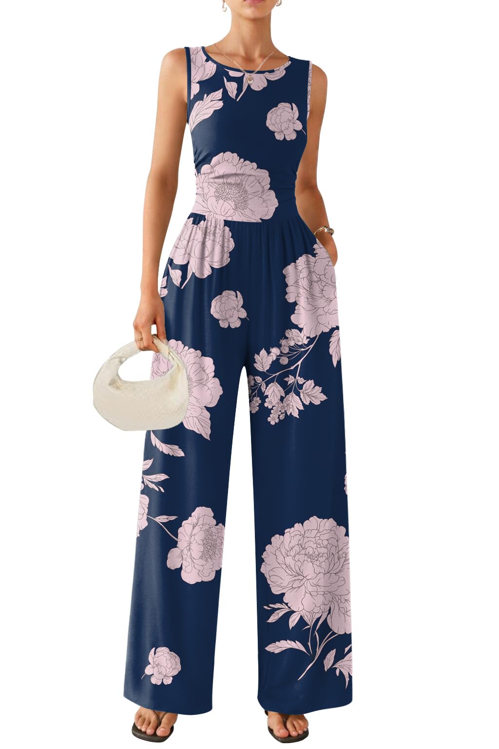 Ekouaer 2026 Womens One Piece Jumpsuits Wide Leg Sleeveless Round Neck Casual Ju