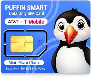 Puffin Smart Data Only SIM Card for Security Cameras, Hunting Trail Cameras & Dashcams - on AT&T & T-Mobile - 500MB Free Trial Data