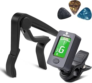 Guitar Tuner and Guitar Capo Set, Clip-On Tuner Digital Electronic Tuner Acoustic with LCD Display for Guitar, Bass, Violin, Ukulele, Banjo