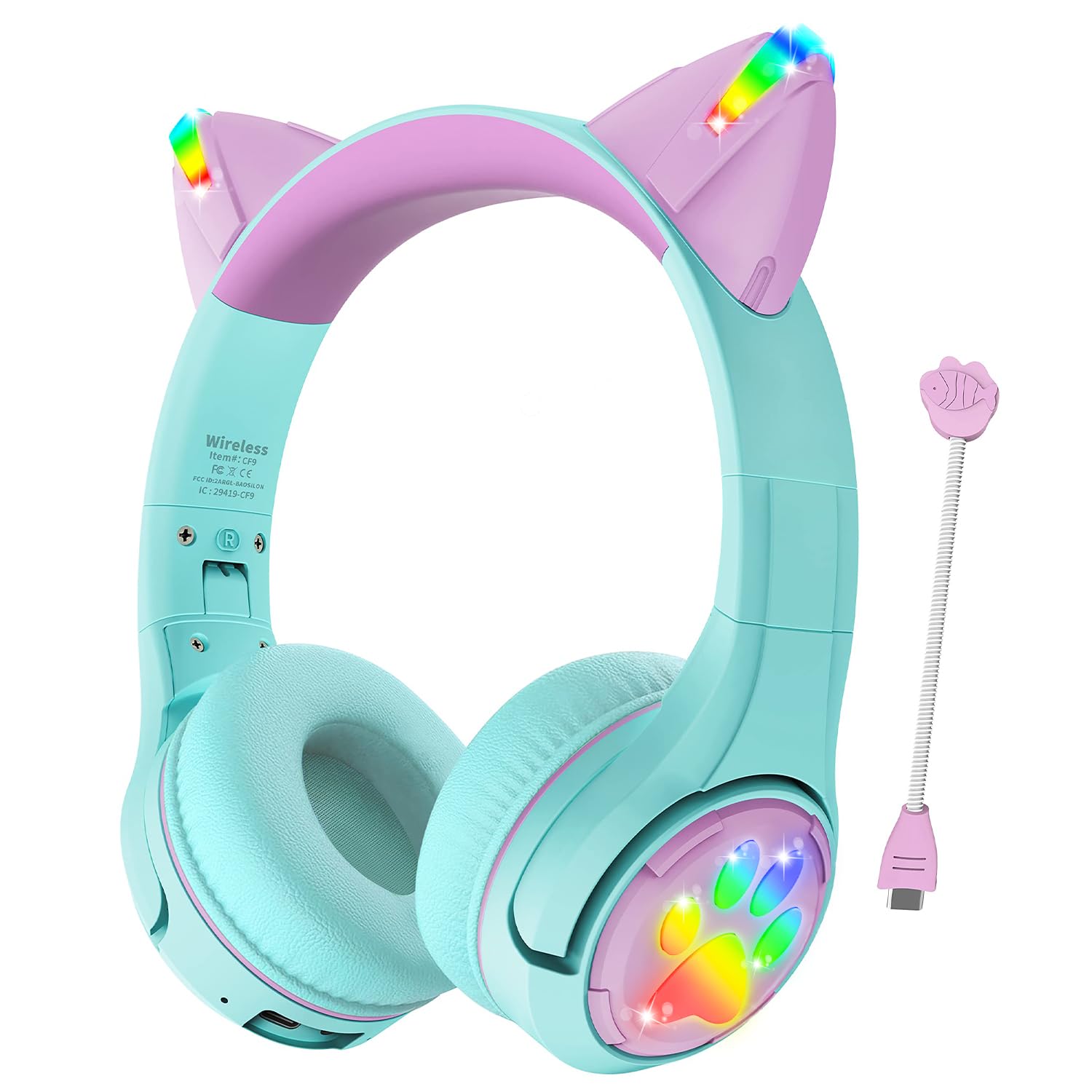 Riwbox CF9 Cat Ear Kids Bluetooth Headphones with LED Light Up,Safe 85dB Volume 