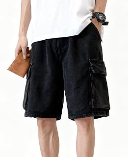 EMMIOL バギージーンズ ショーツ メンズ Y2K Jorts カーゴ リップド ゴムウエスト ショーツ