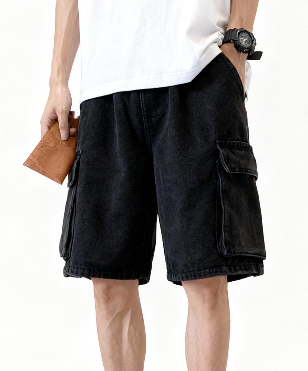 EMMIOL バギージーンズ ショーツ メンズ Y2K Jorts カーゴ リップド ゴムウエスト ショーツ