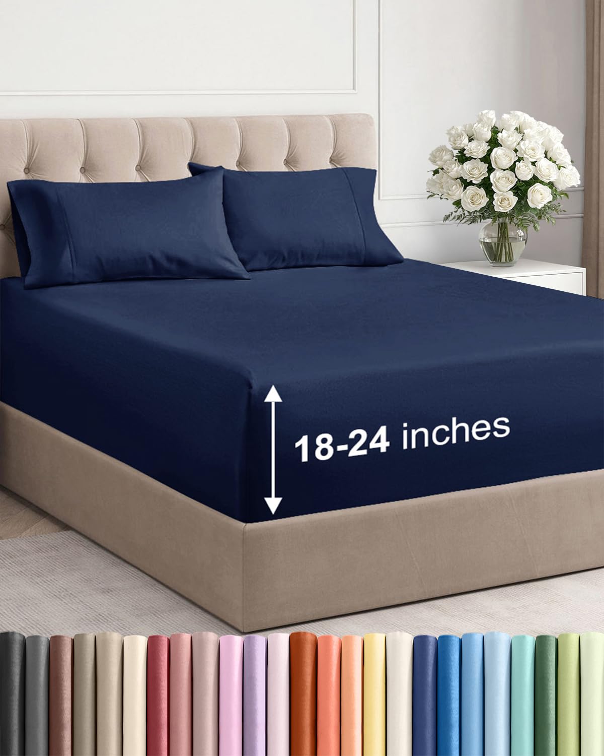 Extra Deep King Sheet Set - 4 Piece Breathable & Cooling Sheets - Navy Blue