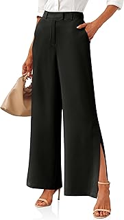 Cicy Bell Ladies Side Slit Stretch High Waist Wide Leg Trousers Casual Work Trousers with Pockets