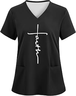 LOMON V Neck Print Scrub Tops for Women Short Sleeve Scrub Shirts Stretchy Holiday Nurse Uniform with 2 Pockets