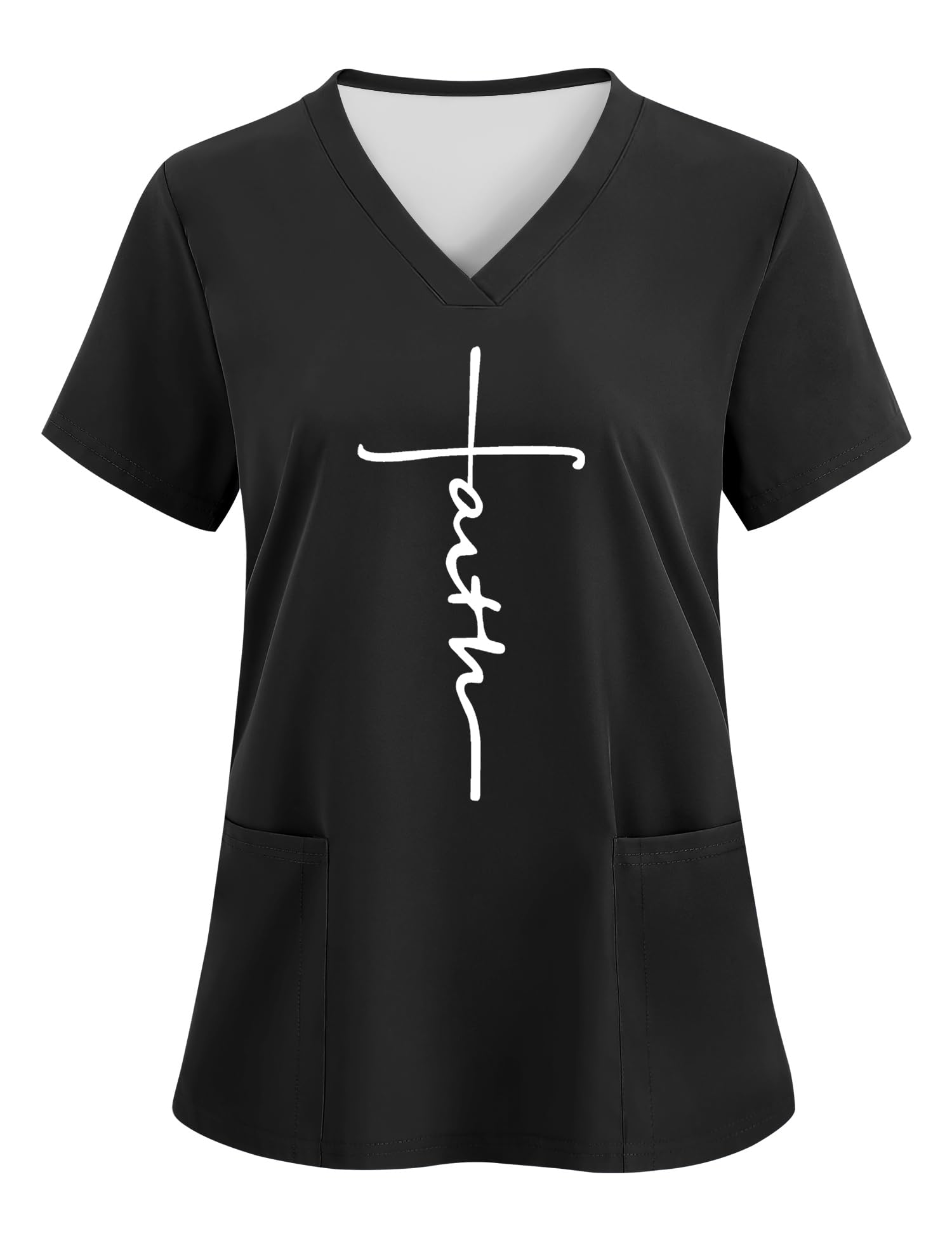 LOMON V Neck Print Scrub Tops for Women Short Sleeve Scrub Shirts Stretchy Holid