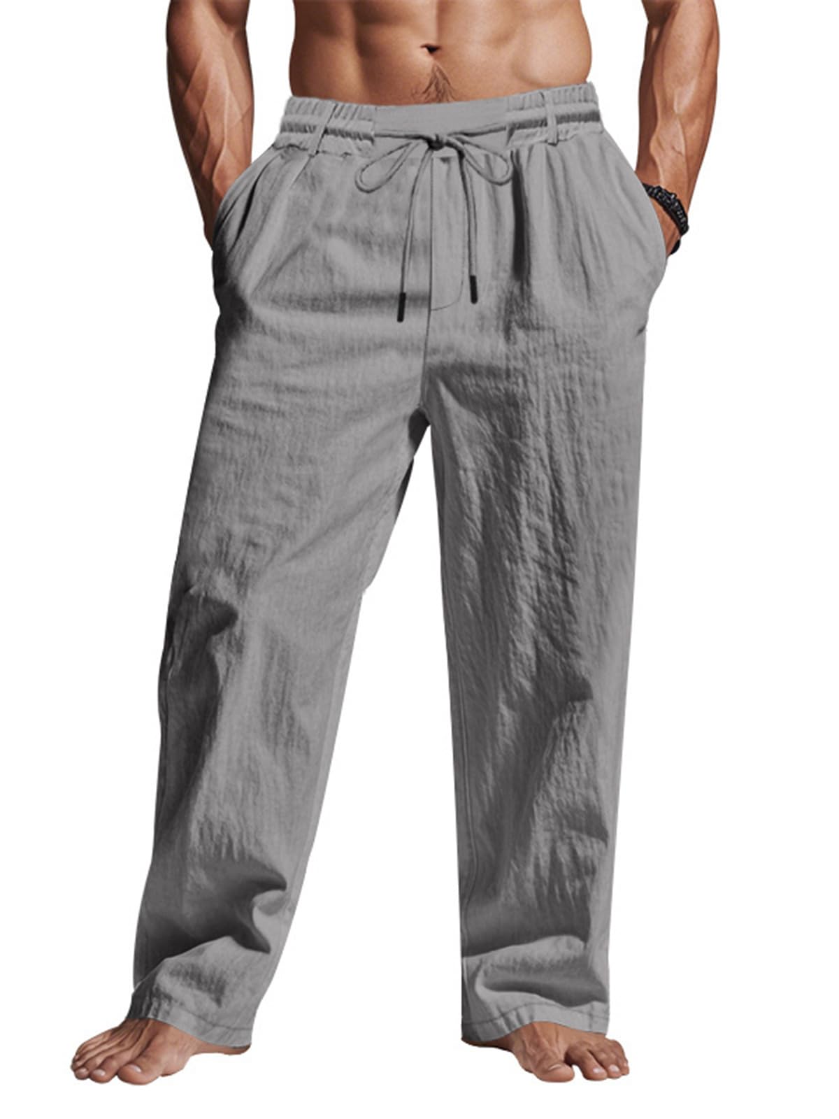Men's Linen Pants Lightweight Drawstring Elastic Waist Pockets Loose Fit Straigh