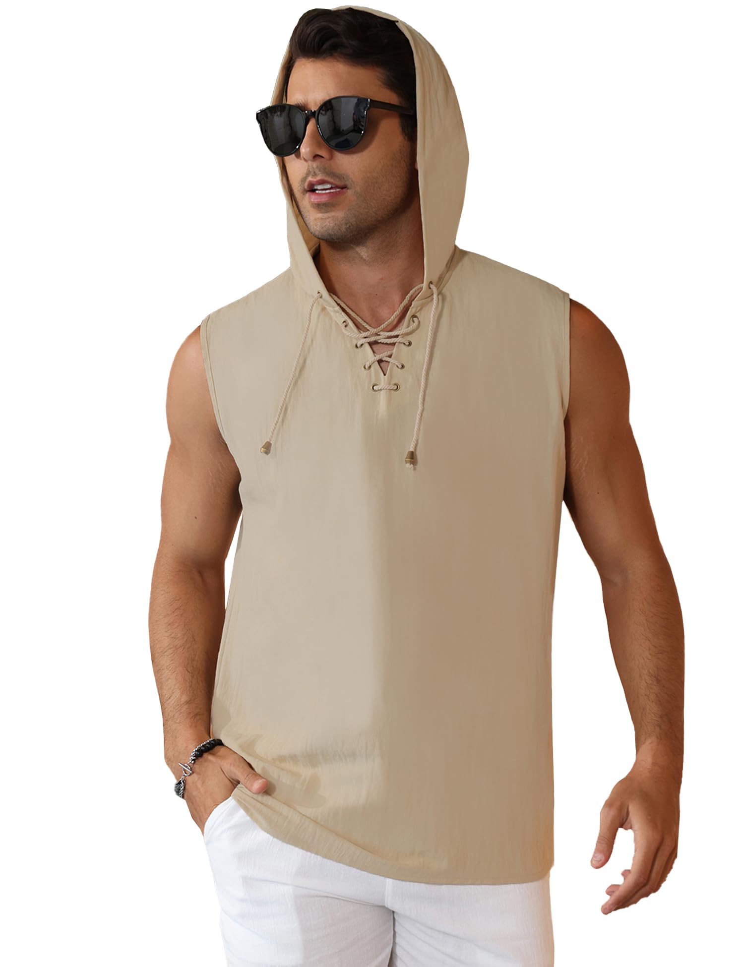 Men's Linen Tank Tops Sleeveless Shirts Lace Up Beach Summer Yoga Top Hippie Ren