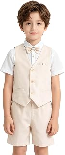 LOLANTA 4PCS Summer Wedding Suit for Children, Set of Vest and Shorts Linen for Children, Baptism Clothes Ceremony Party, Vest+Pants+Shirt+Bow Tie
