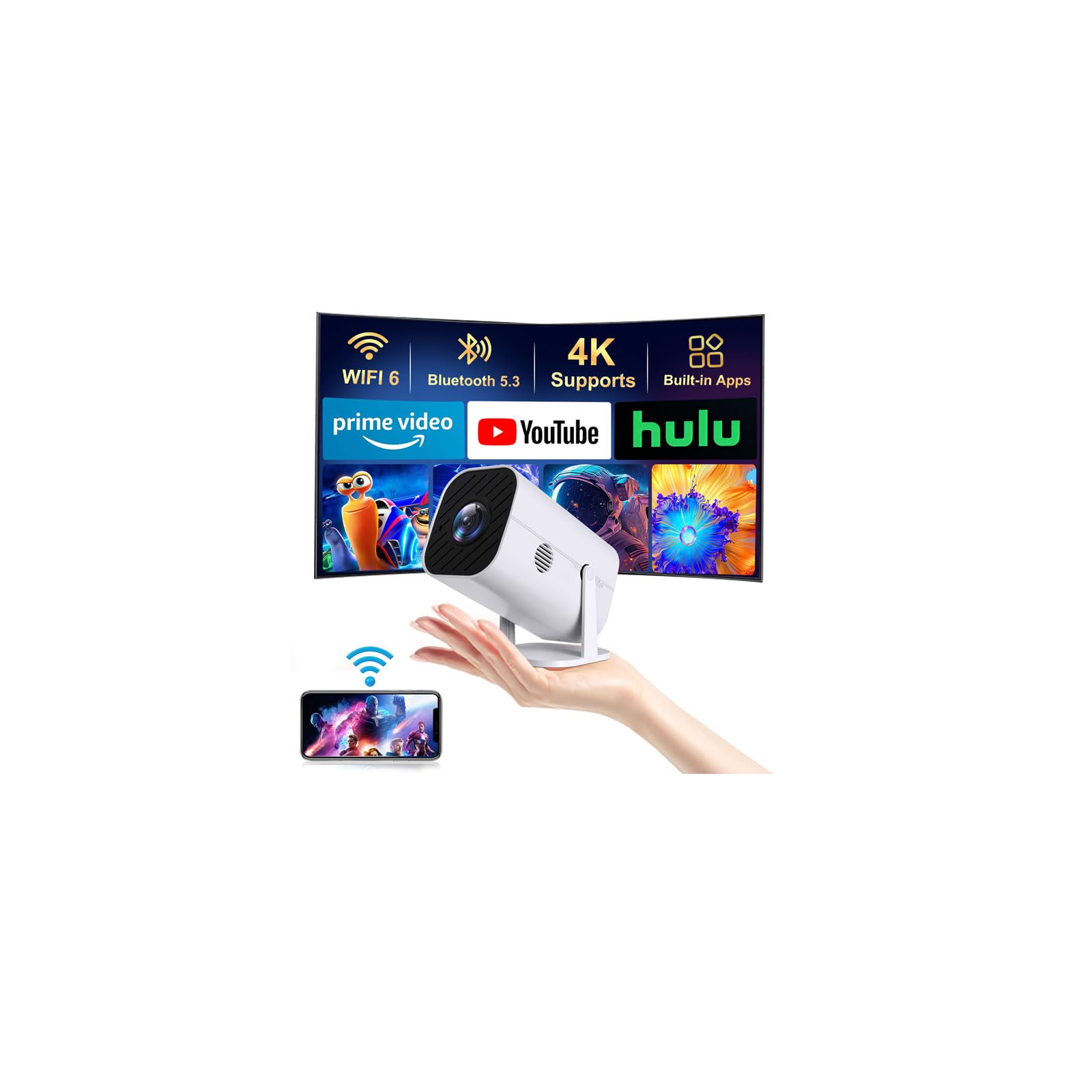 YGSKK Mini Projector with Wifi and Bluetooth, Built-in Apps,Movie Projector | El