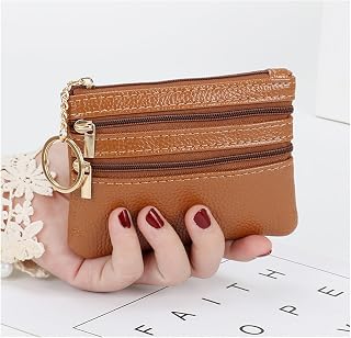 Coin Purse for Women Leather Zip Compact Wallet - Mini Pouch Coin Purse with Key Chain - Card Cash ID Pocket Organizer, Braun
