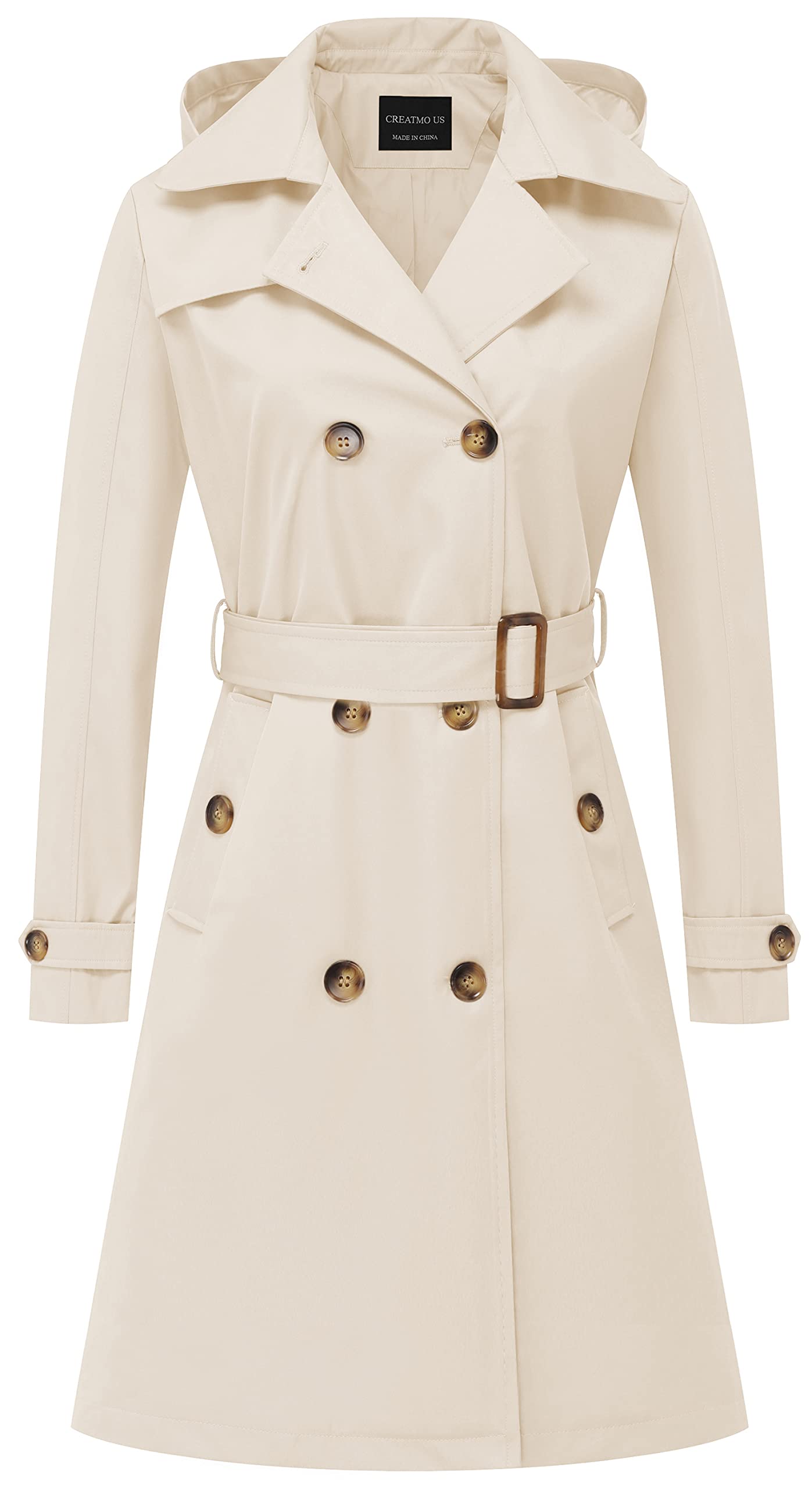 CREATMO US Women's Long Trench Coat Double-Breasted Classic Lapel Overcoat Belte