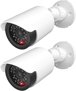 WALI Fake Security Camera with Flashing Red Light, 2 Pack, White（TC-W2） | Dummy Cameras for Outside Indoor, Home Simulated Surveillance Cam, Realistic Look, Weatherproof, Warning Sticker Included