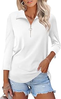 TICTICMISS Women's 3/4 Sleeve Tops V Neck T Shirts Zipper Solid/Color Block Collared Polo Shirts