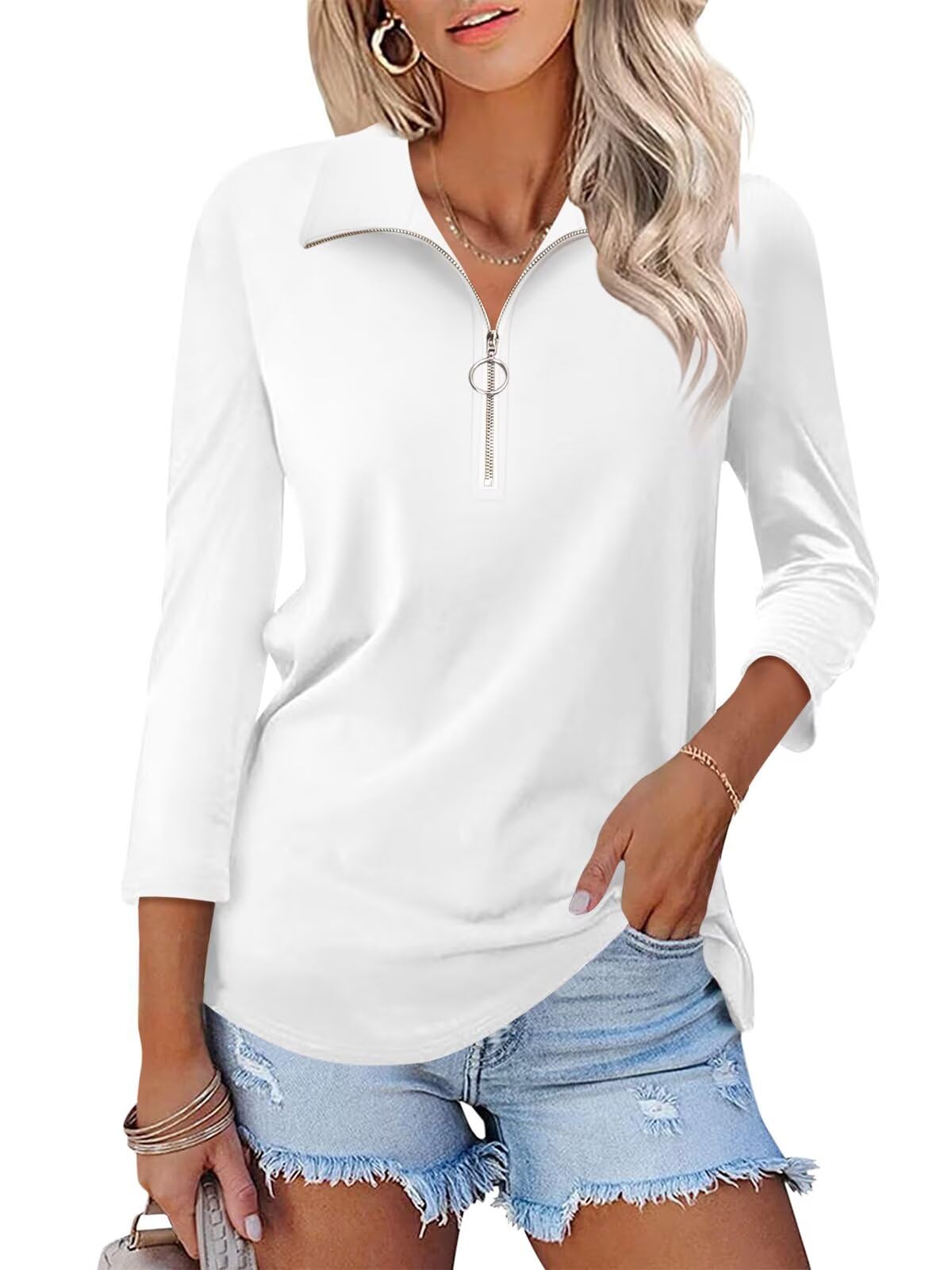 TICTICMISS Women's 3/4 Sleeve Tops V Neck T Shirts Zipper Solid/Color Block Coll