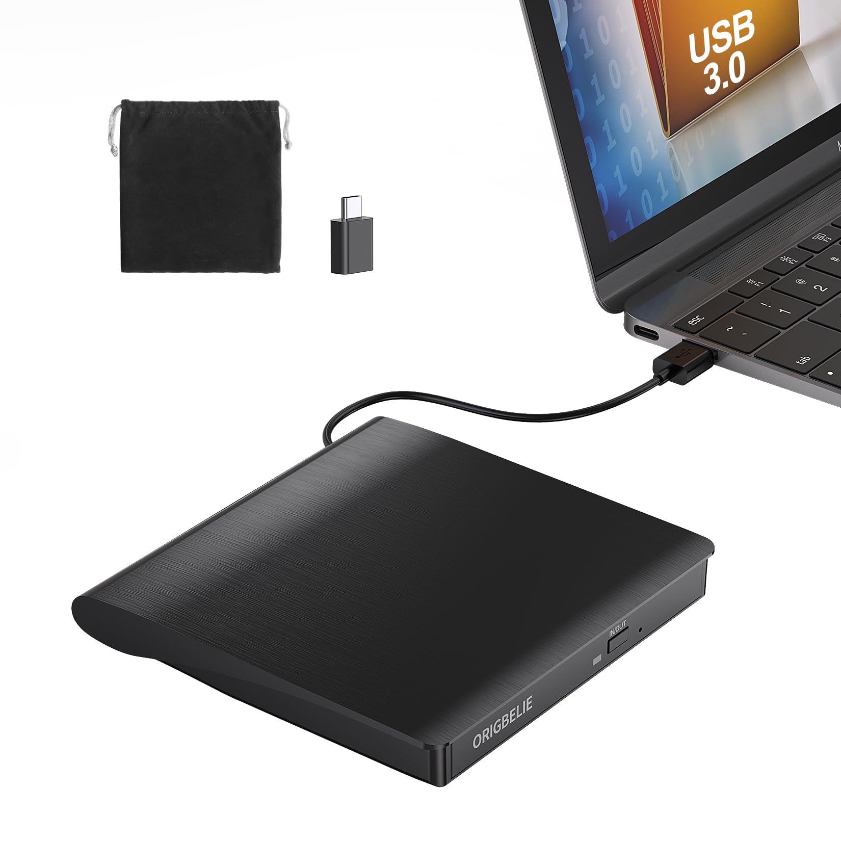 ORIGBELIE External CD player, Plug & Play CD DVD+/-RW Drive | Ultra-thin Externa