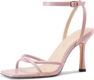 HDEUOLM Women's Stiletto High Heel Square Toe Cap Sandals Ankle Strap Prom Party Dress 10cm Heels