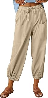Women Casual Trousers, Lantern Tapered Harem Pants Loose Fit Ankle Linen Trousers Summer Loose Pants with Pockets
