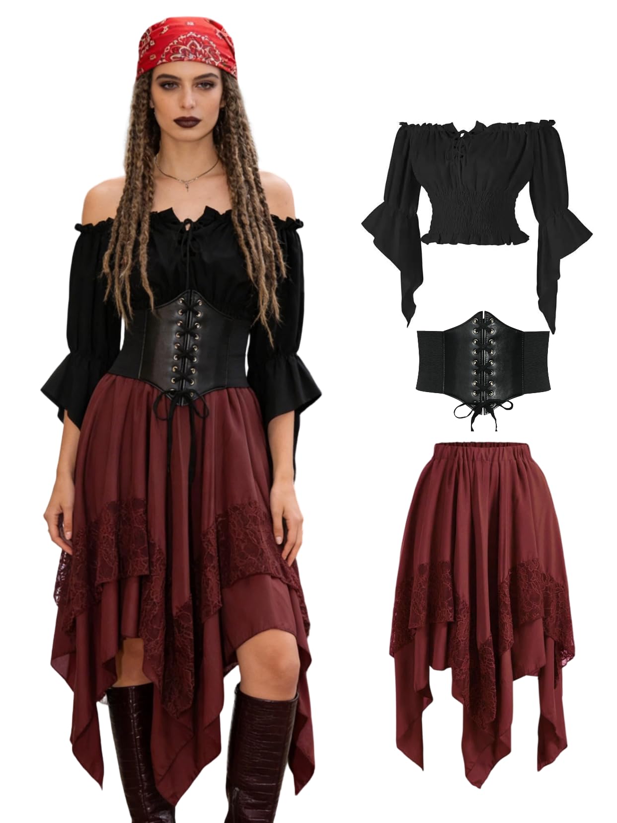 Verceco Women Pirate Costume Adult Renaissance Medieval Outfit with Peasant Top 