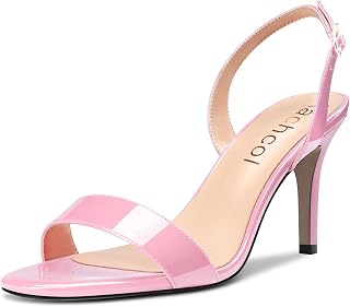 Aachcol Women's Needle Mid High Heel Sandals Back Strap Ankle Strap Slingback Round Open Toe Dress Shoes Office Wedding Party Patent Leather 8CM