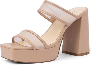 Platform Heels for Women Square Open Toe Chunky Heel Two Strap Sandals