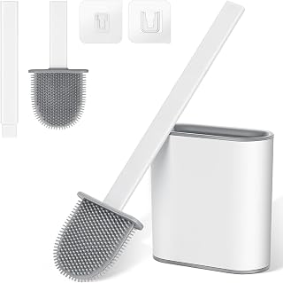 Romon Silicone Toilet Brush - White Toilet Brush with Holder, Wall Mounting No Drilling, Rubber Brush Head, Suitable for Motorhome and Bathroom