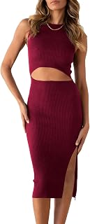 PRETTYGARDEN Women's Summer Midi Bodycon Dress Casual Crew Neck Side Slit Sleeveless Knit Cut Out Tank Top Dress